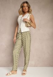 Zielone Spodnie o Szerokim Kroju High Waist w Romby Sarriza. Zielone spodnie materiałowe damskie Renee, z aplikacjami, z jeansu, z podwyższonym stanem. Za 39.99 zł.