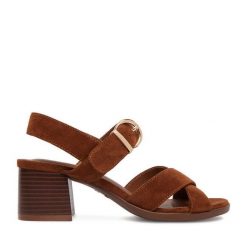 Sandały JENNY. Brązowe sandały damskie Jenny, bez wzorów, bez obcasa, na słupku, bez zapięcia. Za 129.99 zł.