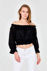 GUESS Damski czarny crop top. Czarne topy damskie Guess, s, z aplikacjami, z bawełny, bez kołnierzyka, bez ramiączek. W wyprzedaży za 372.99 zł.