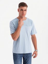 Męski t-shirt LOOSE FIT z kieszonką – błękitny V4 OM-TSCT-0171 - XXL. Niebieskie t-shirty męskie Ombre Clothing, l, z aplikacjami, z bawełny, bez kołnierzyka, bez ramiączek. W wyprzedaży za 24.99 zł.