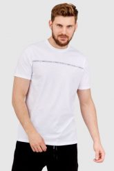 ARMANI EXCHANGE Biały t-shirt męski z paskiem z logo. Białe t-shirty męskie Armani Exchange, l, bez wzorów, prążkowane, bez kołnierzyka, bez ramiączek. W wyprzedaży za 159.99 zł.