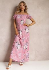 Różowa Sukienka Maxi z Ozdobnym Dekoltem i Cienkimi Gumkami Nesaina. Fioletowe sukienki damskie Renee, na imprezę, s, bez wzorów, bez kołnierzyka, bez ramiączek, maxi, rozkloszowane. Za 39.99 zł.