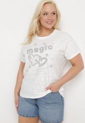 Biały T-shirt Ażurowy z Ozdobnymi Cyrkoniami Cevola. Białe t-shirty damskie Born2be, xl, w ażurowe wzory, bez kołnierzyka, bez ramiączek. Za 34.99 zł.