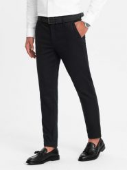 Spodnie męskie chino SLIM FIT z delikatną teksturą - czarne V5 - Rozmiar: L. Czarne eleganckie spodnie męskie Ombre Clothing, bez wzorów, z bawełny. W wyprzedaży za 199.99 zł.