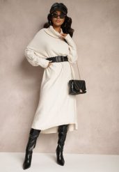 Jasnobeżowa Sweterkowa Sukienka z Wiskozą z Golfem i Eleganckimi Rozcięciami Elettrina. Brązowe sukienki damskie Renee, na co dzień, s, bez wzorów, z wiskozy, eleganckie, bez kołnierzyka, bez ramiączek, midi. Za 99.99 zł.