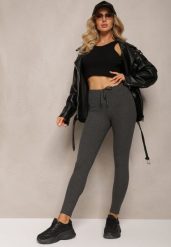 Ciemnoszare Legginsy ze Sznurkiem w Pasie z Elastycznej Bawełny Herccena. Szare legginsy damskie Renee, bez wzorów, z bawełny. Za 39.99 zł.