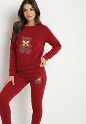 Bordowy Bawełniany Komplet Dresowy z Ociepleniem i Misiem Bluza i Spodnie z Gumką w Pasie Nelasina. Czerwone bluzy damskie Born2be, m, z aplikacjami, z bawełny, klasyczne, bez ramiączek, bez kaptura. Za 89.99 zł.