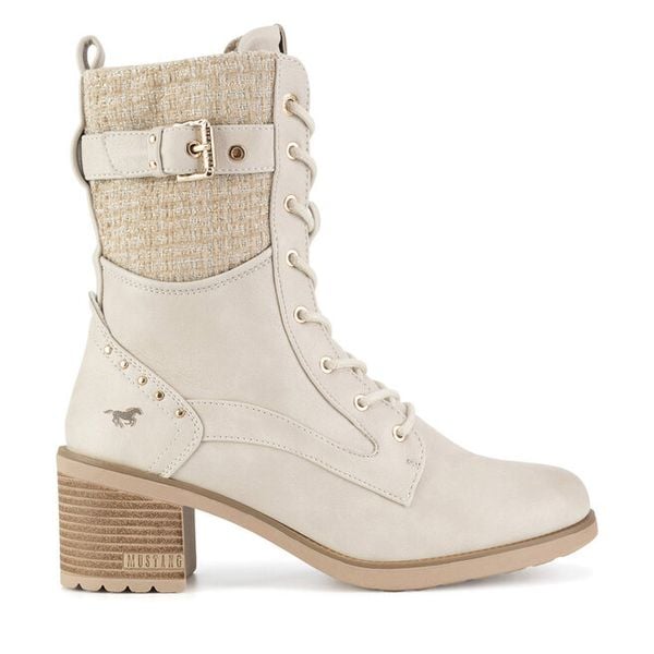 Trzewiki Mustang. Białe botki damskie Mustang, bez wzorów, bez obcasa, na słupku, bez zapięcia. Za 399.99 zł.