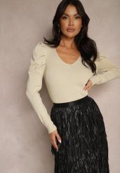Jasnobeżowy Sweter z Wiskozą Ozdobiony Bufiastymi Rękawami i Metaliczną Nicią Sanarelle. Brązowe swetry nierozpinane damskie Renee, l, bez wzorów, z dzianiny, casualowe, bez kołnierzyka, bez ramiączek. Za 99.99 zł.