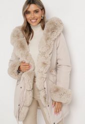 Beżowa Kurtka Parka z Ozdobnym Futerkiem Ikhana. Brązowe kurtki damskie Born2be, xl, bez wzorów, z futra, bez kaptura. Za 199.99 zł.
