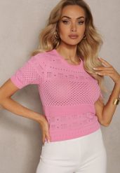 Różowa Klasyczna Bluzka w Ażurowy Wzór Lidakra. Czerwone bluzki damskie Renee, xs, w ażurowe wzory, z jeansu, eleganckie, bez kołnierzyka, bez ramiączek. Za 59.99 zł.