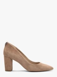 Beżowe czółenka na słupku z ozdobą. Brązowe czółenka damskie Ryłko, z aplikacjami, ze skóry, eleganckie, bez obcasa, na słupku, bez zapięcia. Za 379.99 zł.