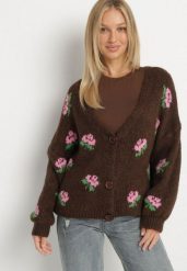 Brązowy Kardigan Oversize z Domieszką Wełny w Kwiatowy Wzór Nelenea. Brązowe kardigany damskie Born2be, bez wzorów, z jeansu, bez kołnierzyka. Za 169.99 zł.