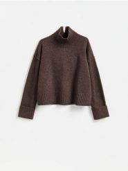 Wełniany sweter - ciemnobrązowy. Brązowe swetry nierozpinane damskie Reserved, l, bez wzorów, z dzianiny, bez kołnierzyka, bez ramiączek. Za 259.99 zł.