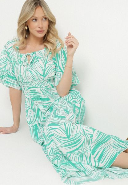 Zielona Bawełniana Sukienka Rozkloszowana w Liście Alaniva. Zielone sukienki damskie Born2be, na co dzień, na lato, l, bez wzorów, z bawełny, eleganckie, bez kołnierzyka, bez ramiączek, maxi, rozkloszowane. Za 49.99 zł.