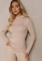 Ciemnobeżowy Sweter z Wełną przy Dekolcie Ozdobiony Falbanką Seatoria. Brązowe swetry nierozpinane damskie Renee, z aplikacjami, z jeansu, casualowe, bez kołnierzyka, bez ramiączek. Za 79.99 zł.