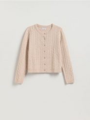 Wełniany kardigan - beżowy. Brązowe kardigany damskie Reserved, l, bez wzorów, z wełny, bez kołnierzyka. Za 219.99 zł.