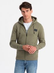 Rozpinana bluza męska dresowa z kapturem i patchem – oliwkowa V4 OM-SSZP-0140 - S. Zielone bluzy męskie Ombre Clothing, m, z aplikacjami, z bawełny, z kapturem. W wyprzedaży za 99.99 zł.