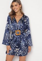Granatowo-Niebieska Rozkloszowana Sukienka Mini z Paskiem Siressi. Niebieskie sukienki damskie Born2be, s, bez wzorów, z materiału, bez kołnierzyka, bez ramiączek, mini, rozkloszowane. Za 89.99 zł.