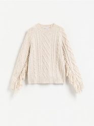 Sweter z frędzlami - beżowy. Brązowe swetry nierozpinane damskie Reserved, l, bez wzorów, z dzianiny, bez kołnierzyka, bez ramiączek. Za 179.99 zł.