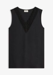 Top z koronką. Czarne topy damskie bonprix, bez wzorów, z koronki, eleganckie, bez kołnierzyka, bez ramiączek. Za 54.99 zł.