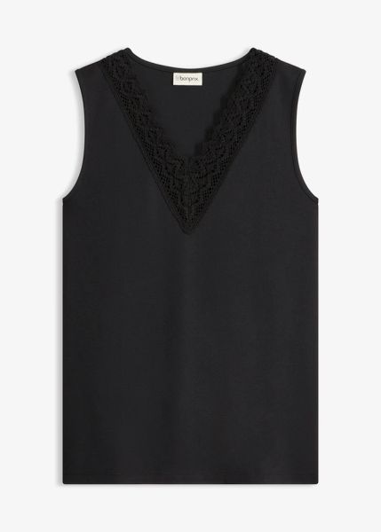 Top z koronką. Czarne topy damskie bonprix, bez wzorów, z koronki, eleganckie, bez kołnierzyka, bez ramiączek. Za 54.99 zł.