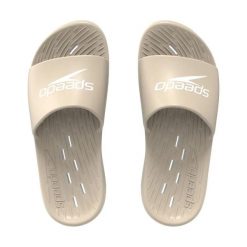 Klapki basenowe antypoślizgowe damskie Speedo Slides. Brązowe klapki damskie Speedo, na lato, bez wzorów, z materiału, bez obcasa, bez zapięcia. Za 79.99 zł.