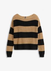 Sweter w paski. Brązowe swetry nierozpinane damskie bonprix, bez wzorów, bez kołnierzyka, bez ramiączek. Za 89.99 zł.