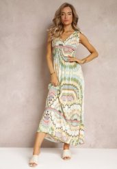 Zielona Sukienka z Wiskozy ze Wzorem Tie Dye z Gumką w Talii Brisea. Zielone sukienki damskie Renee, na lato, l, bez wzorów, z wiskozy, bez kołnierzyka, bez ramiączek, maxi, kopertowe. Za 39.99 zł.