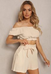Beżowe Bawełniane Szorty z Gumką w Talii i Paskiem Lovenia. Brązowe szorty damskie Renee, bez wzorów, z bawełny, eleganckie, z podwyższonym stanem. Za 49.99 zł.