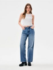 Jeansy wide leg high waist z efektem sprania - niebieski. Niebieskie jeansy damskie Sinsay, bez wzorów, z jeansu, z podwyższonym stanem. Za 49.99 zł.
