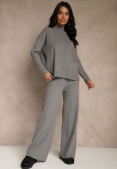 Szary Komplet Dzianinowy Spodnie o Szerokim Kroju i Sweter Półgolf Datusa. Szare swetry nierozpinane damskie Renee, l, bez wzorów, z dzianiny, eleganckie, bez kołnierzyka, bez ramiączek. Za 139.99 zł.