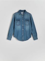 Koszula jeansowa - niebieski. Niebieskie koszule damskie Reserved, l, bez wzorów, z denimu, bez kołnierzyka, bez ramiączek. W wyprzedaży za 49.99 zł.