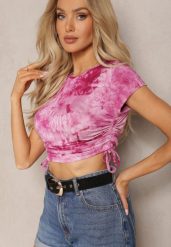 Fuksjowy Wiskozowy T-shirt ze Wzorem Tie-Dye z Wiązaniami po Bokach Iriandella. Czerwone t-shirty damskie Renee, m, bez wzorów, z wiskozy, bez kołnierzyka, bez ramiączek. Za 39.99 zł.