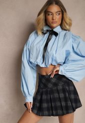 Niebieska Bufiasta Koszula z Bawełny w Stylu Retro z Ozdobną Kokardą Frulla. Niebieskie koszule damskie Renee, bez wzorów, z bawełny, retro, bez kołnierzyka, bez ramiączek. Za 99.99 zł.