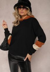 Czarna Bawełniana Bluza z Kapturem i Wstawkami z Polaru Qilin. Czarne bluzy damskie Renee, z aplikacjami, z bawełny, casualowe, bez ramiączek, z kapturem. Za 84.99 zł.