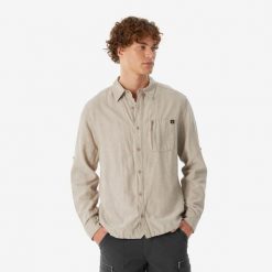 Koszula turystyczna męska z długim rękawem Quechua NH500. Brązowe koszule męskie QUECHUA, m, bez wzorów, z bawełny, eleganckie, bez kołnierzyka, bez ramiączek. Za 149.99 zł.