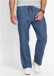 Lekkie spodnie z gumką w talii o kroju loose fit, prosta nogawka. Niebieskie jeansy męskie bonprix, na lato, z bawełny. Za 129.99 zł.
