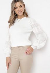 Biała Bluzka z Bufiastymi Transparentnymi Rękawami Flimona. Białe bluzki damskie Born2be, bez wzorów, bez kołnierzyka, bez ramiączek. Za 129.99 zł.