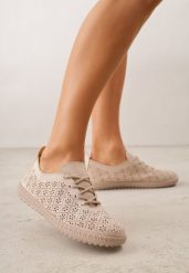 Ciemnobeżowe Tenisówki z Ażurową Cholewką Tidella. Brązowe trampki i tenisówki damskie Born2be, w ażurowe wzory, z jeansu, bez zapięcia. Za 69.99 zł.