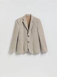 Dzianinowa marynarka slim fit - beżowy. Brązowe garnitury męskie Reserved, l, bez wzorów, z bawełny. Za 279.99 zł.