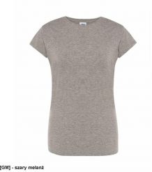JHK T-shirt damski JHK - premium z krótkim rękawem, dopasowany do sylwetki, single jersey, 170 g szary melanż S. Szare t-shirty damskie JHK, s, bez wzorów, z jersey, bez kołnierzyka, bez ramiączek. Za 14.08 zł.
