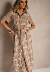 Ciemnobeżowa Koszulowa Sukienka z Wiązanym Paskiem Zdobiona Haftem Malinnessa. Brązowe sukienki damskie Renee, na co dzień, l, z aplikacjami, eleganckie, bez kołnierzyka, bez ramiączek, maxi, koszulowe. Za 109.99 zł.