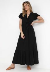 Czarna Sukienka Diomeira. Czarne sukienki damskie Born2be, l, bez wzorów, z tkaniny, eleganckie, bez kołnierzyka, bez ramiączek, maxi, kopertowe. Za 74.99 zł.