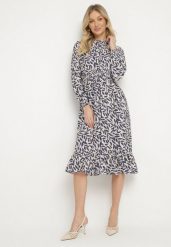 Niebieska Sukienka o Rozkloszowanym Kroju z Falbankami i Gumką w Pasie Ridiluria. Niebieskie sukienki damskie Born2be, na co dzień, m, bez wzorów, eleganckie, bez kołnierzyka, bez ramiączek, midi, rozkloszowane. Za 89.99 zł.
