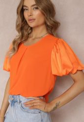 Pomarańczowa Dwuwarstwowa Bluzka z Krótkim Bufiastym Rękawem Tarania. Brązowe bluzki damskie Renee, bez wzorów, bez kołnierzyka, bez ramiączek. Za 54.99 zł.