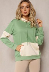 Zielona Oversizowa Bluza Typu Kangurka z Szeroką Kieszenią i Kapturem Iretha. Zielone bluzy damskie Renee, l, bez wzorów, casualowe, bez ramiączek, z kapturem. Za 44.99 zł.