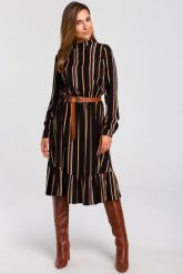 Sukienka boho w paski z falbaną na dole i paskiem brązowa wiskoza. Brązowe sukienki damskie Sukienki.shop, do pracy, s, bez wzorów, z wiskozy, biznesowe, bez kołnierzyka, bez ramiączek. W wyprzedaży za 174.00 zł.
