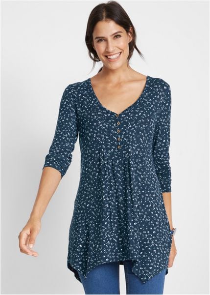 Bluzka z dżerseju z mieszanki wiskozy. Niebieskie bluzki damskie bonprix, bez wzorów, z dżerseju, z asymetrycznym kołnierzem, bez ramiączek. Za 124.99 zł.