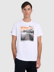 4F T-shirt regular z nadrukiem męski - biały XXL. Białe t-shirty męskie 4F, m, bez wzorów, z bawełny, bez kołnierzyka, bez ramiączek. W wyprzedaży za 59.99 zł.